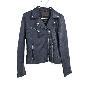 Mauritius Moto Jacket Navy Blue Leather Biker Pocket Zip Front Size 8